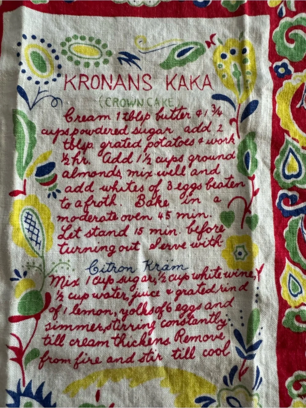 Vintage Carrie Wilson Linen Tea Towel Kaka Swedish Crown Cake Recipe MCM